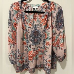 Joie Silk Pink and Green Floral Blouse